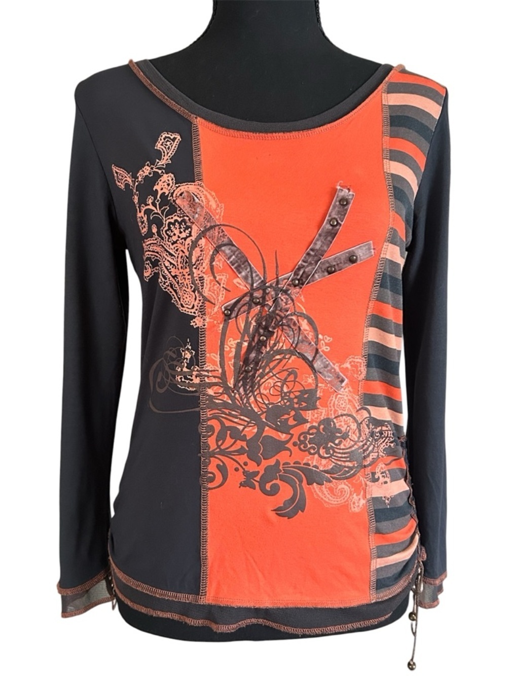 Dolcezza Orange Black Graphic Long Sleeve Fitted Stretch Top Patchwork Small